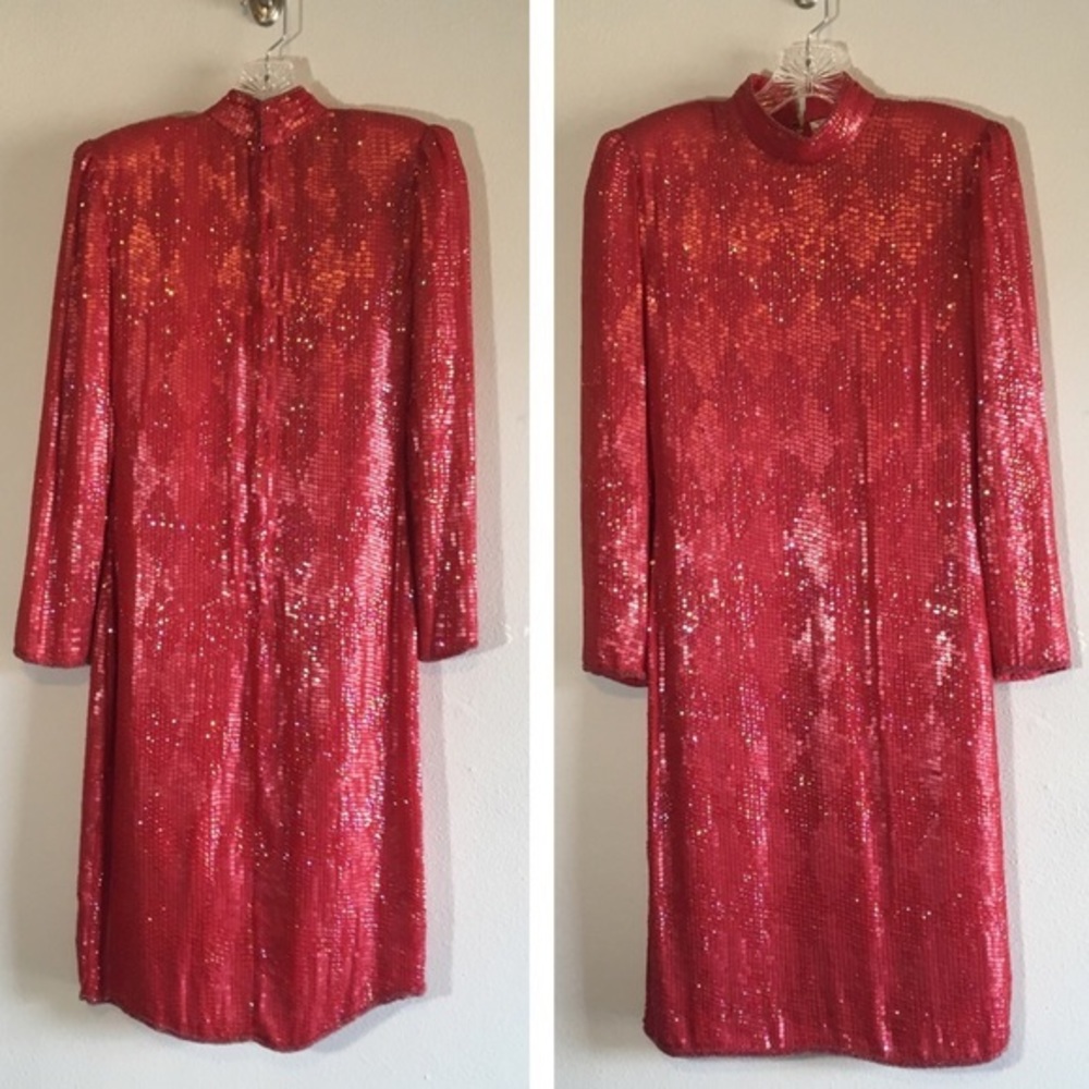 Vintage Sequined Dress Red Embellished Mini Beaded